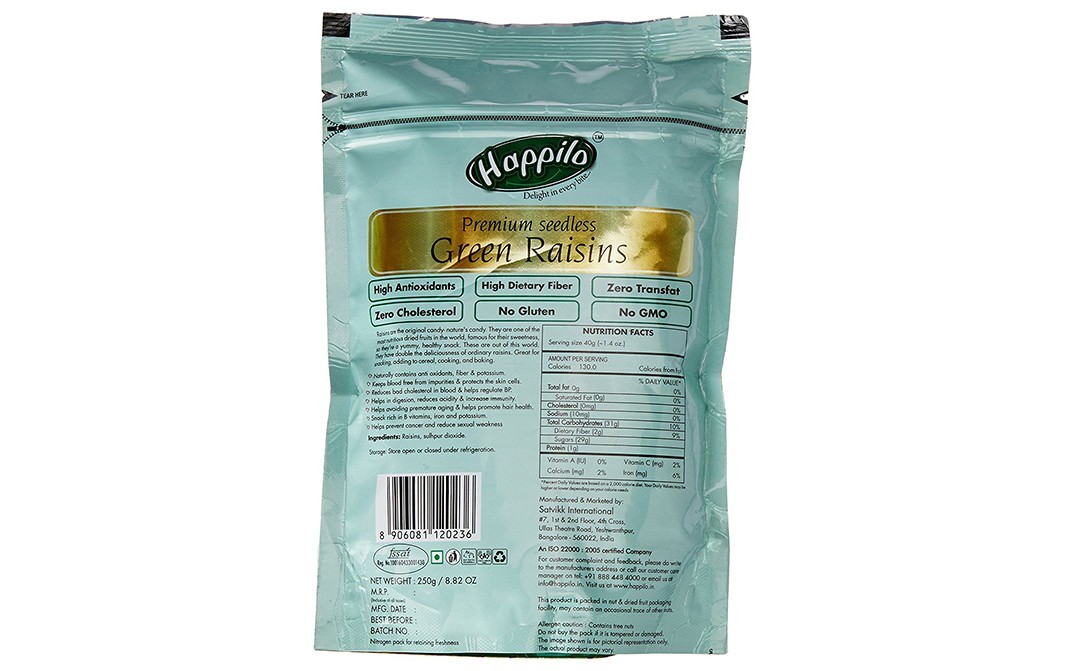 Happilo Premium Seedless Green Raisins   Pack  250 grams